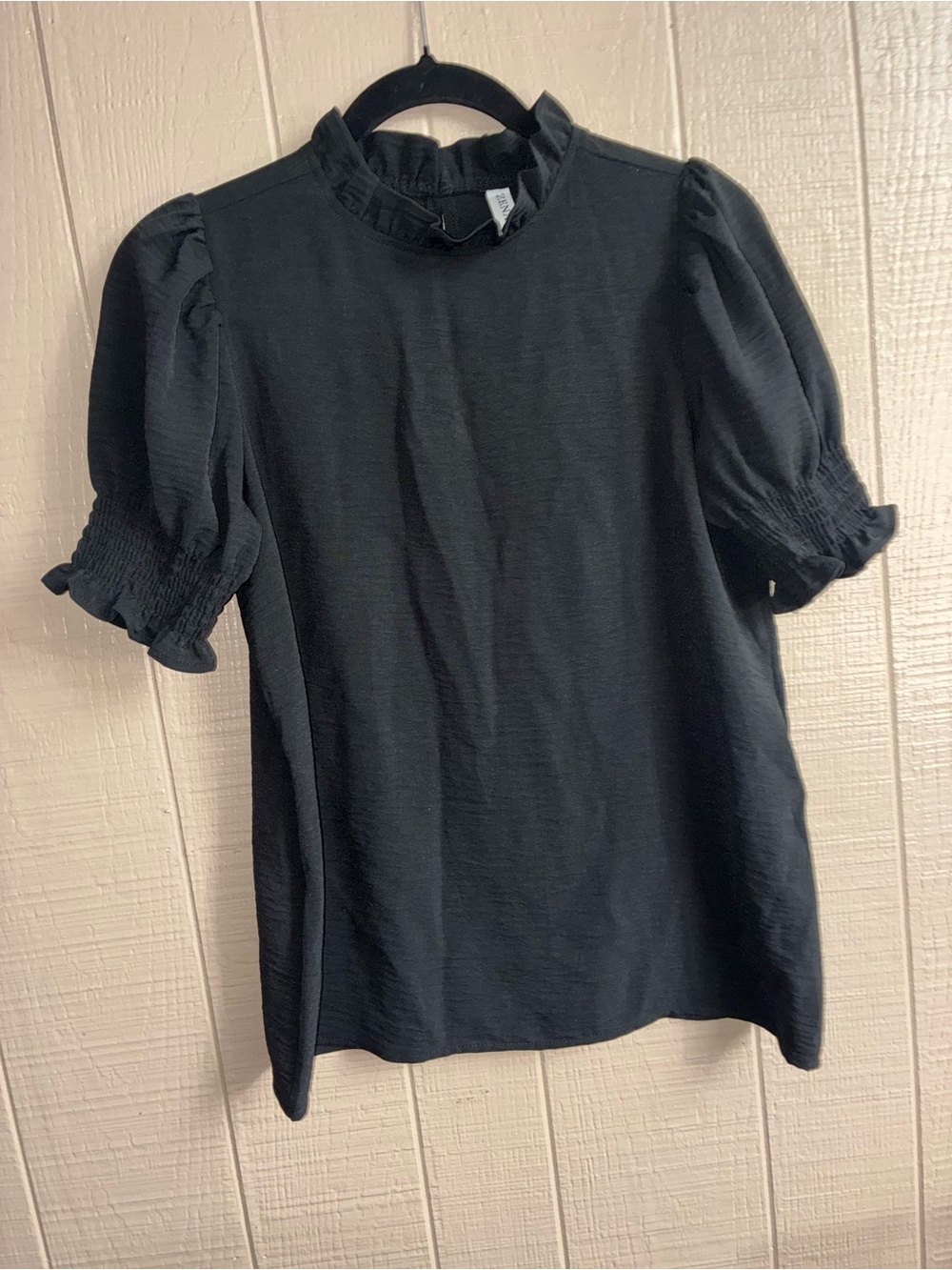 Zenana Outfitters Black Ruffle Mock Neck Puff Sleeve Top